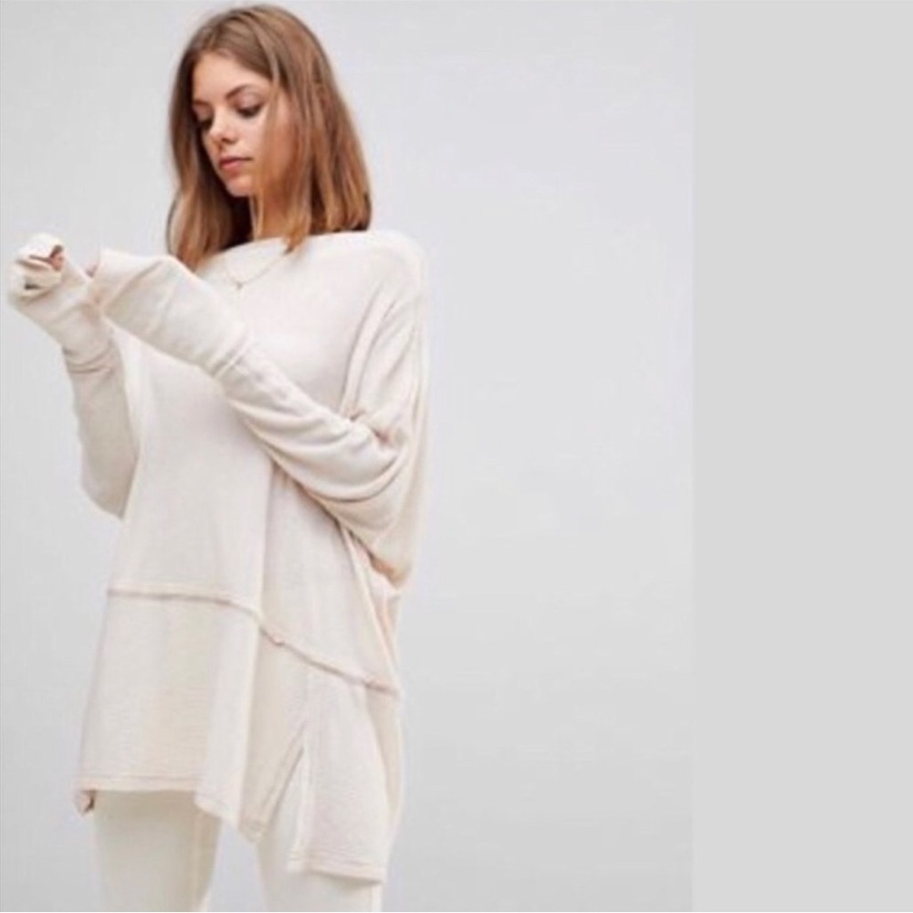 Free People Londontown Light Beige Ribbed Long Sleeve Thermal Boho Tunic Top